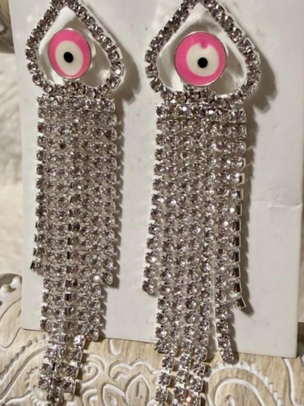 Silver Pink Eye Rhinestone Fringe Earrings